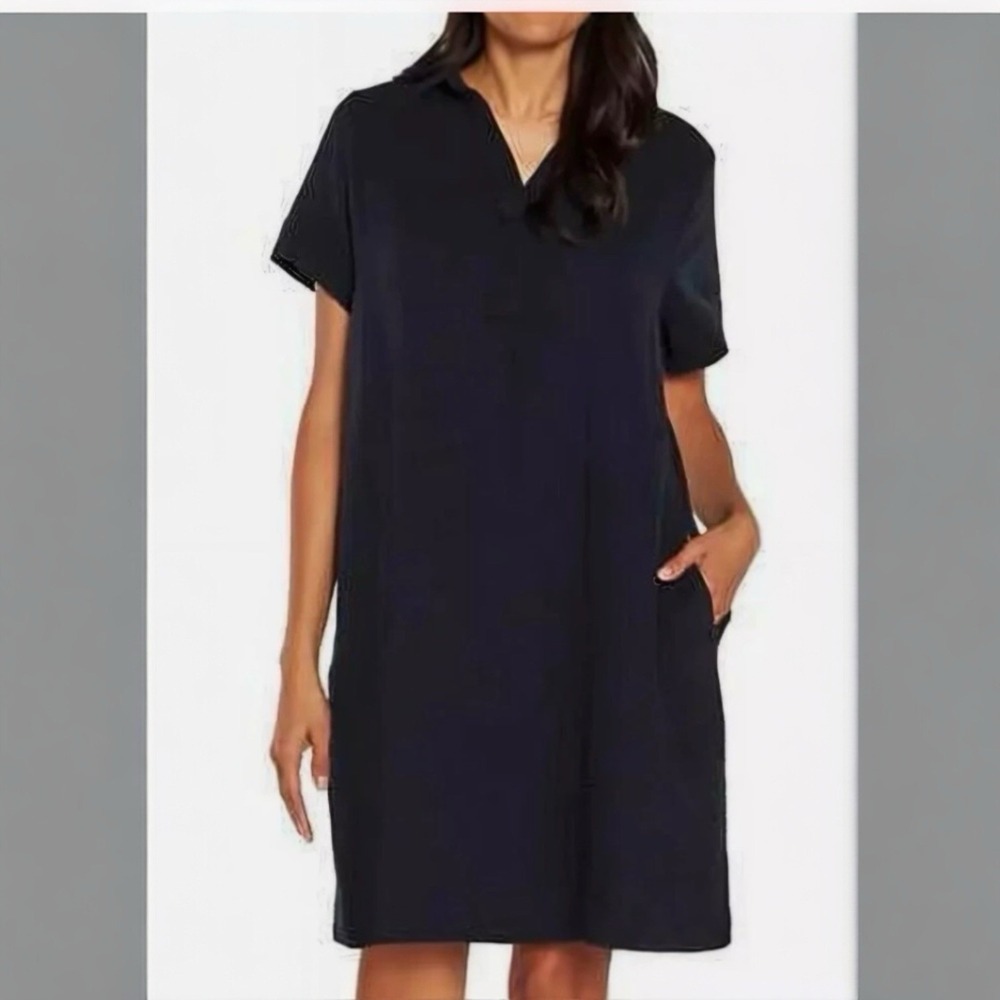 Three Dots 100% Cotton Double Gauze‎ Polo Collar Dress Black Size Medium
